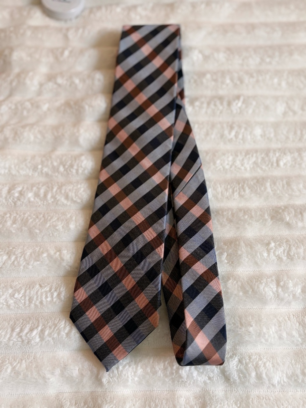 Chaps Mens Silk Necktie Navy Blue Brown Pink Plaid Check Geometric Formal Tie